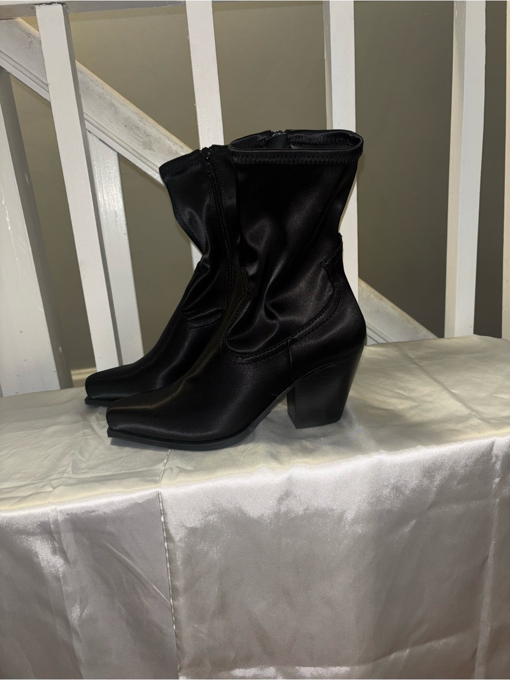 Black Satin Block-Heel Boot